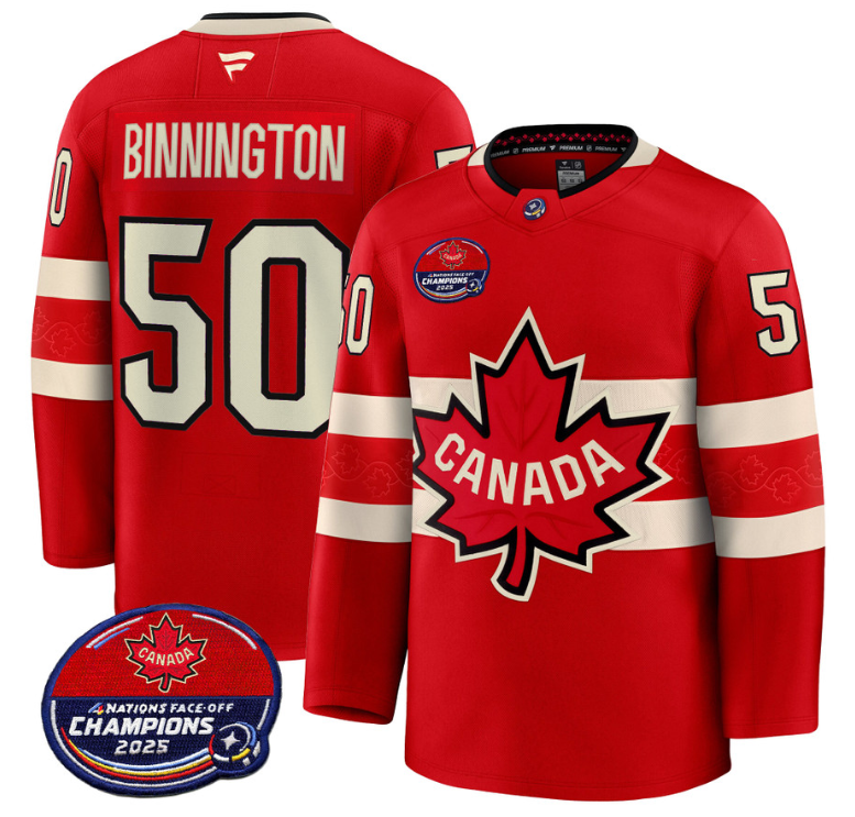 Men Jordan Binnington Jersey #50 Canada 4 Nations 2025 Champions V2