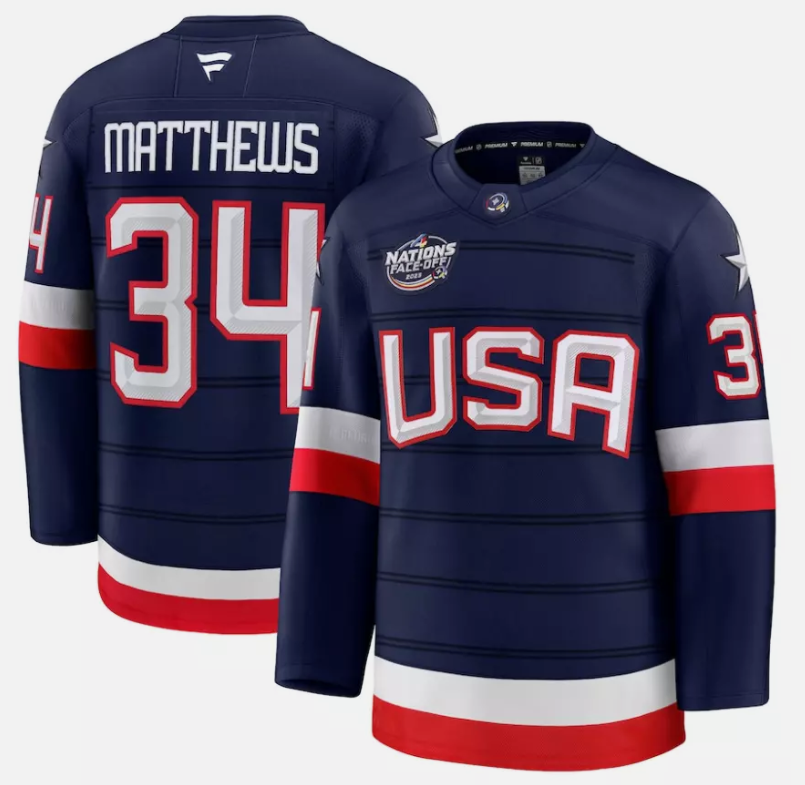 Men's Auston Matthews Jersey #34 USA Navy 2025 4 Nations Face-Off Stitched