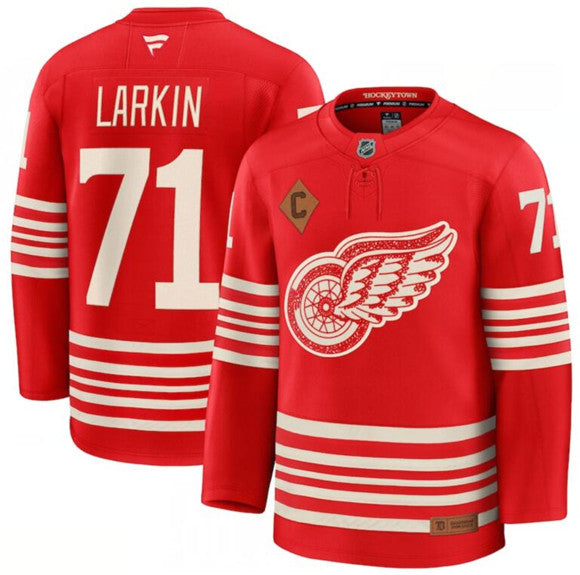 Men's Detroit Red Wings #71 Dylan Larkin Jersey Red 2025 With C Patch Centennial Premium Stitched