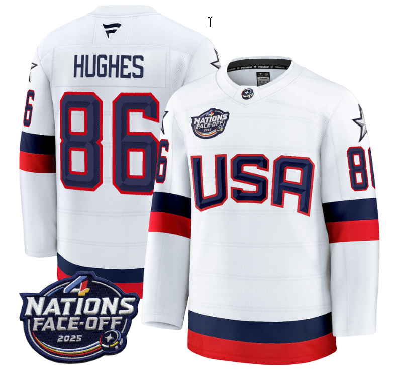 Men's Jack Hughes Jersey #86 USA White 2025 4 Nations Face-Off Stitched