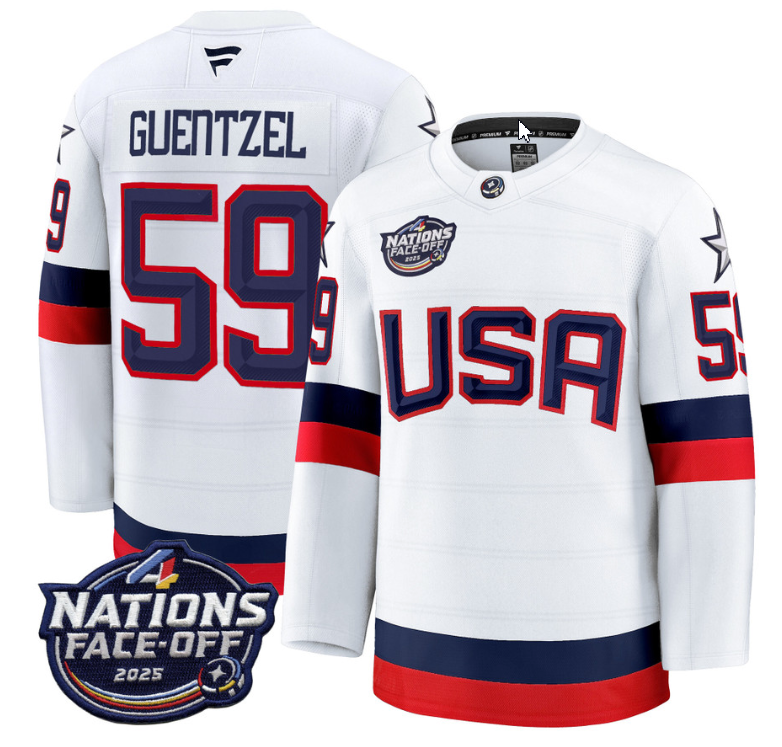 Men's Jake Guentzel Jersey #59 USA White 2025 4 Nations Face-Off Stitched