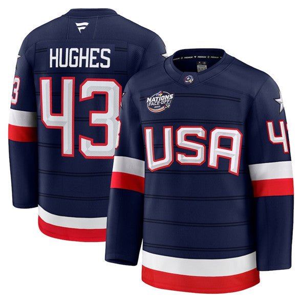 Men's Quinn Hughes Jersey #43 USA Navy 2025 4 Nations Face-Off All Stitched
