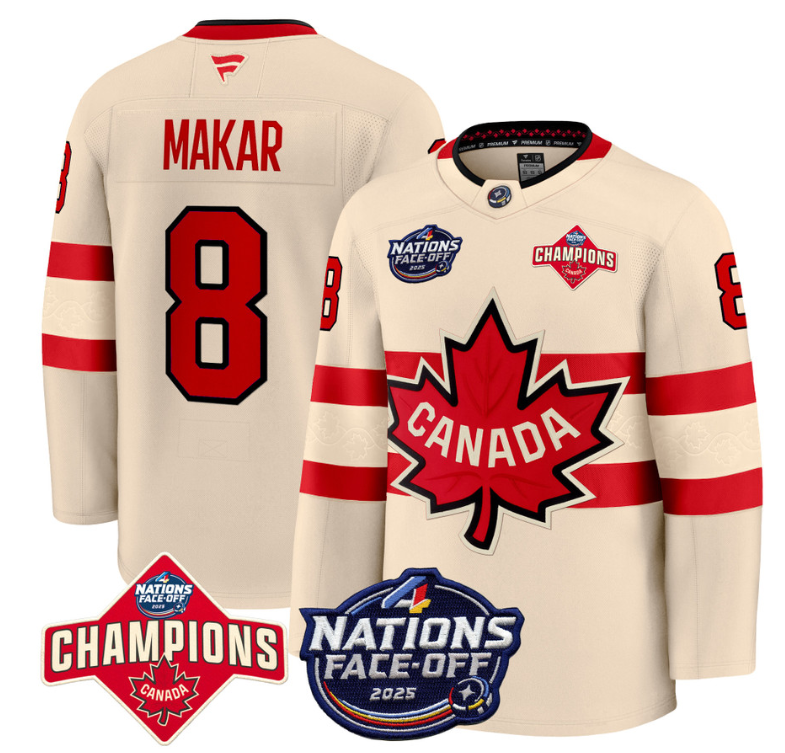 Men's Cale Makar Jersey #8 Canada 4 Nations Face-Off 2025 Champions