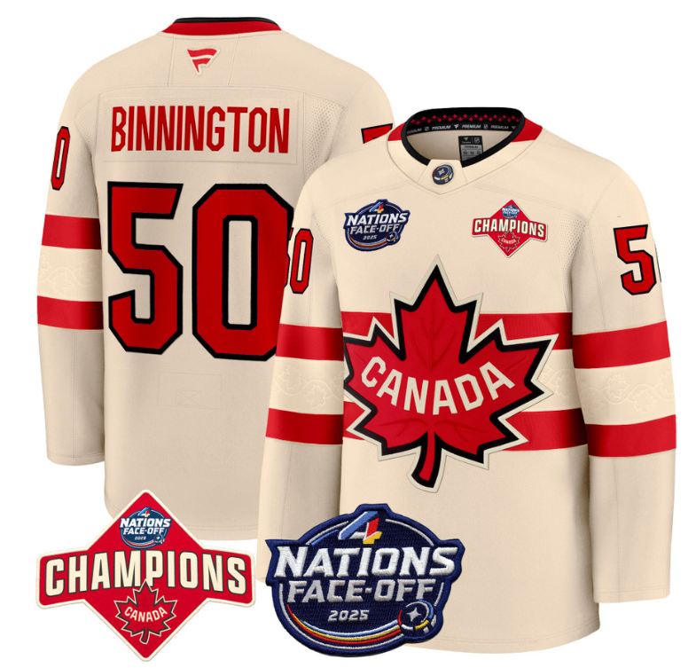 Men's Jordan Binnington Jersey #50 Canada 4 Nations Face-Off 2025 Champions