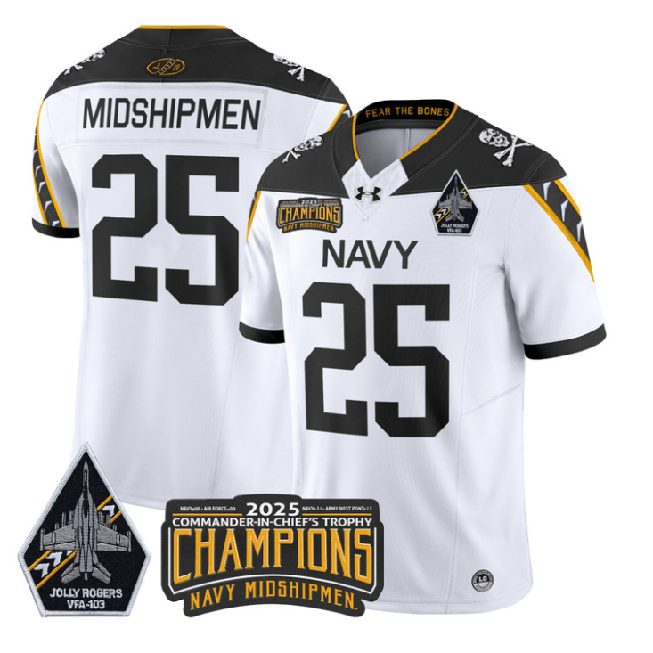 Midshipmen Jersey #25 Navy Midshipmen Jolly Rogers 2025 Trophy Stitched White
