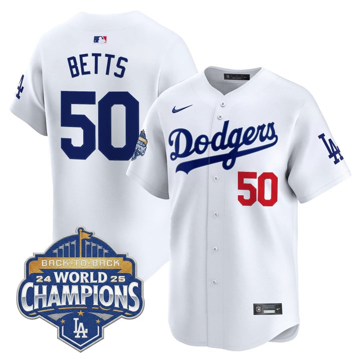 Mookie Betts Jersey #50 Dodgers 2025 Back-To-Back Champions Stitched