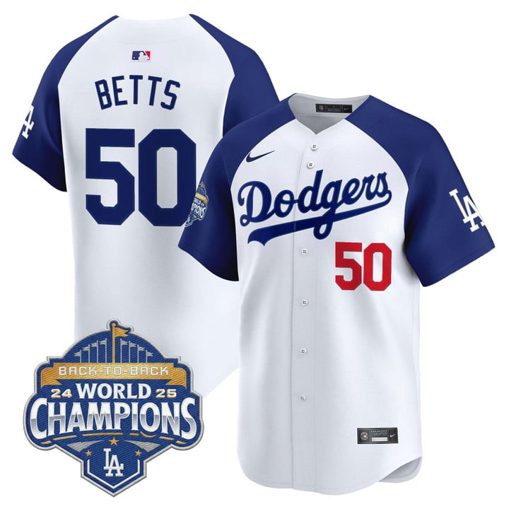 Mookie Betts Jersey #50 Dodgers 2025 Back-To-Back Champions Stitched