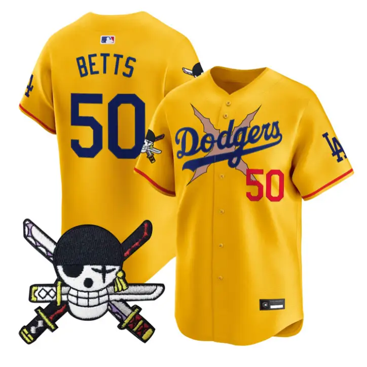 Mookie Betts Jersey #50 Dodgers One Piece Zoro Patch Premier Stitched