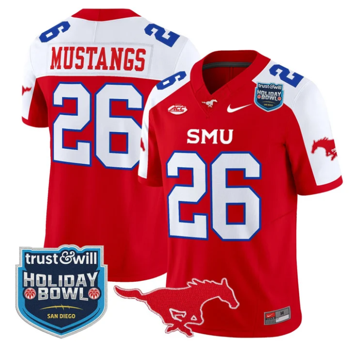 Mustangs Jersey #26 SMU Mustangs 2026 Holiday Bowl Patch Stitched Red Alternate