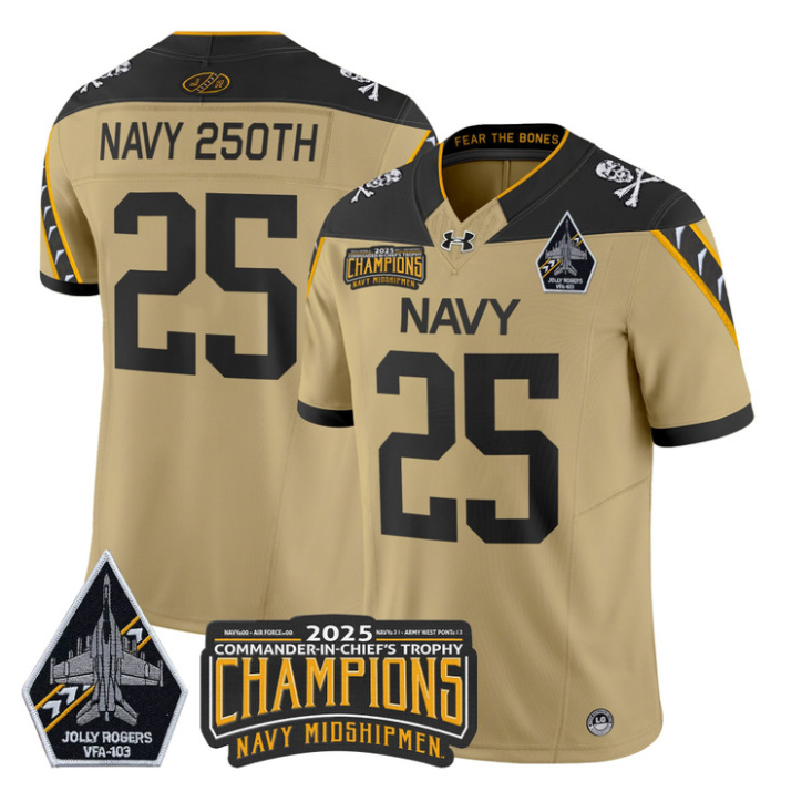 Navy 250th Jersey #25 Navy Midshipmen Jolly Rogers 2025 Trophy Stitched Gold