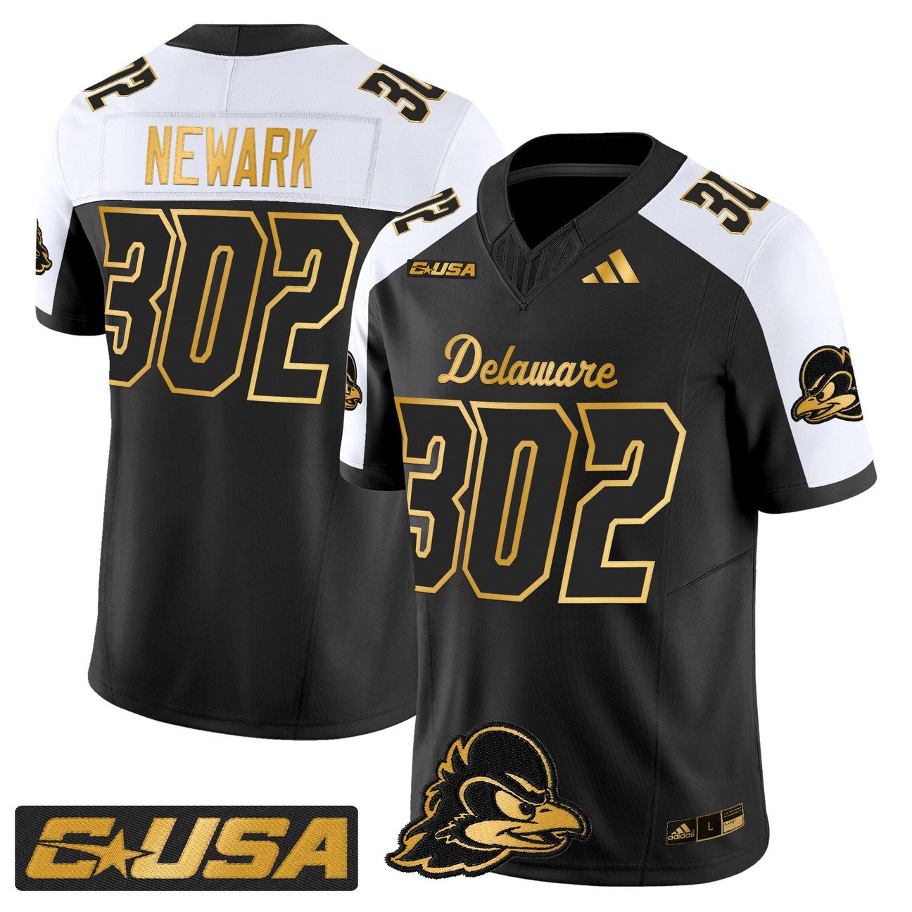 Newark Jersey #302 Delaware Blue Hens 2025 Gold Vapor Stitched