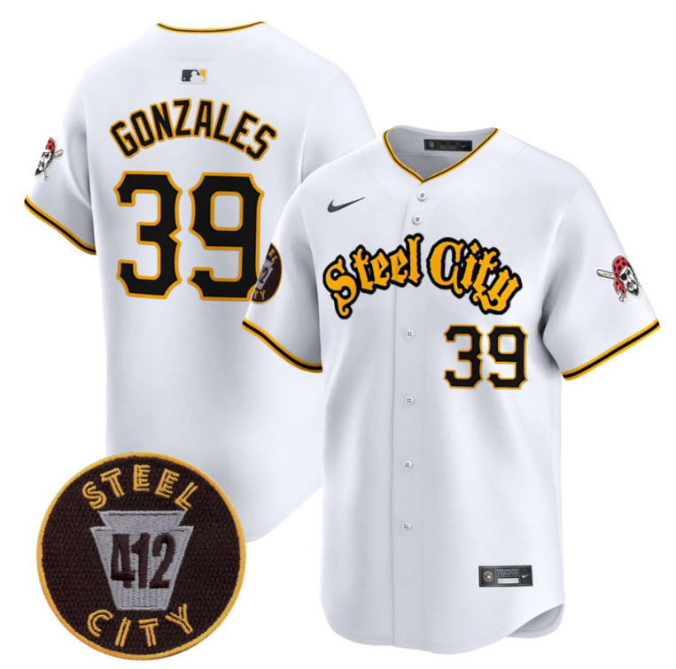 Nick Gonzales Jersey #39 Pittsburgh Pirates 412 Patch White Premier Limited Stitched