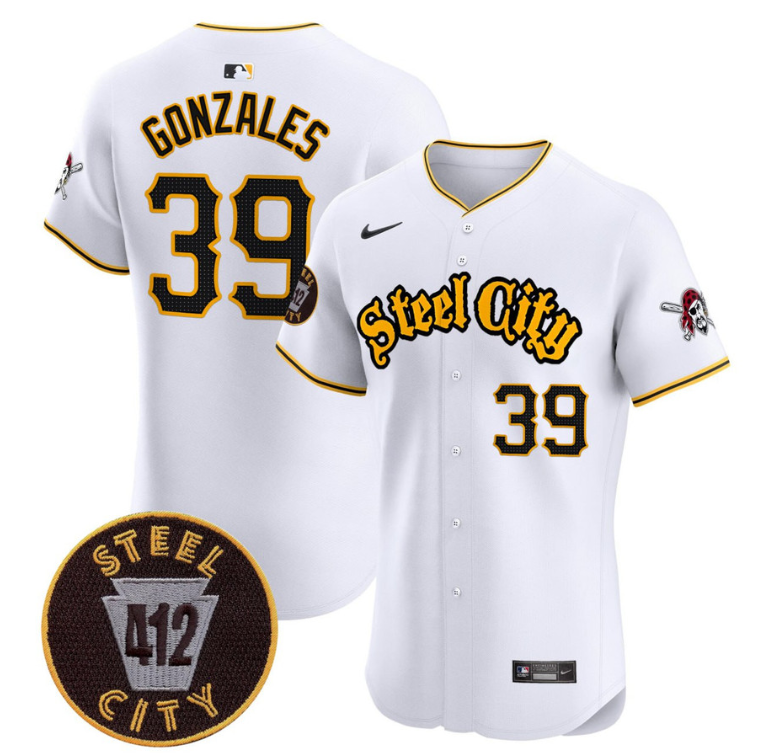 Nick Gonzales Jersey #39 Pittsburgh Pirates 412 Patch White Premier Limited Stitched