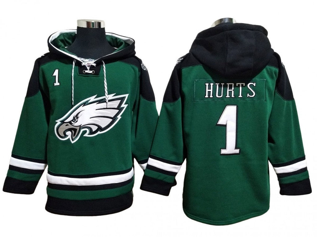 Philadelphia Eagles #1 Jalen Hurts Lace-Up Pullover Hoodie