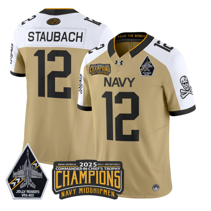 Roger Staubach Jersey #12 Navy Midshipmen Jolly Rogers 2025 Trophy Gold Alternate