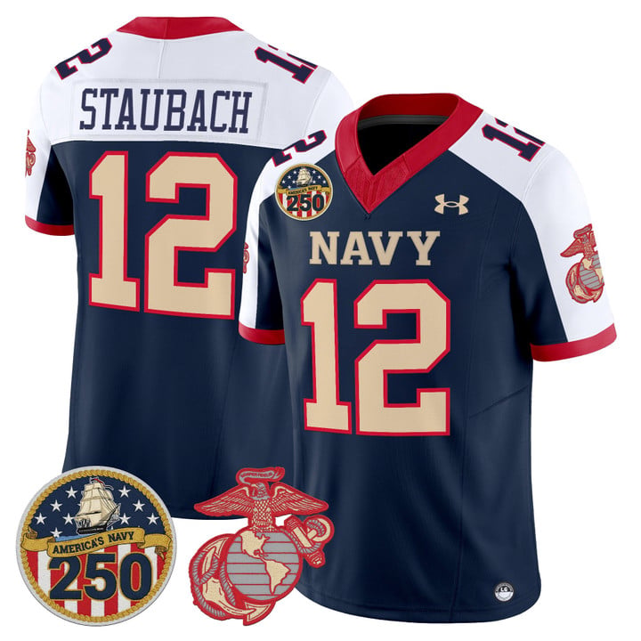 Roger Staubach Jersey #12 Navy Midshipmen USMC 250th Patch Stitched