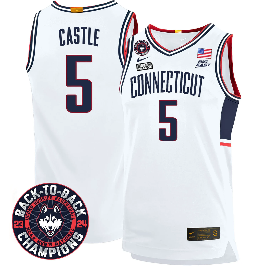 Stephon Castle Jersey #5 UConn Huskies Basketball 2024 Back To Back Champions Patch White