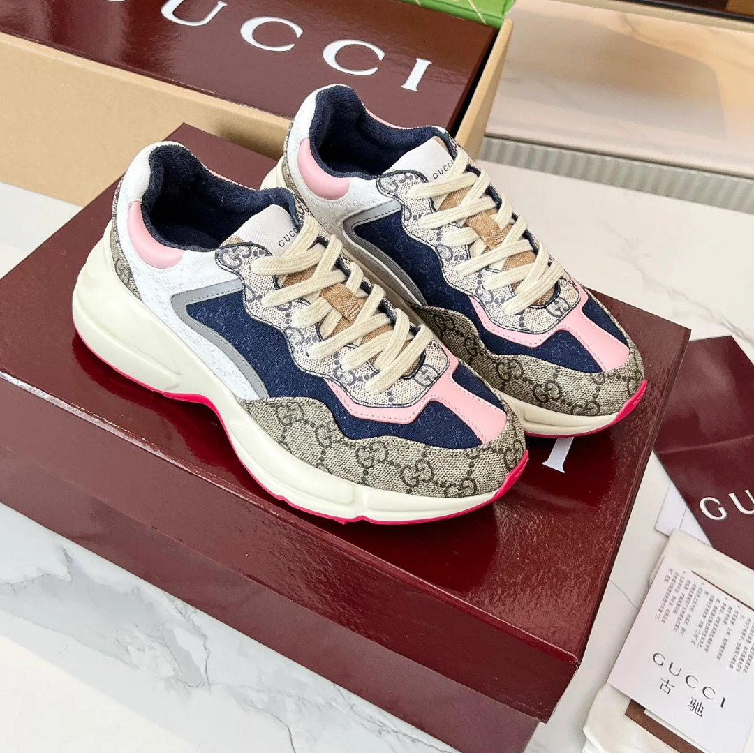 GG Rhyton Canvas Beige White Pink Shoes Sneakers