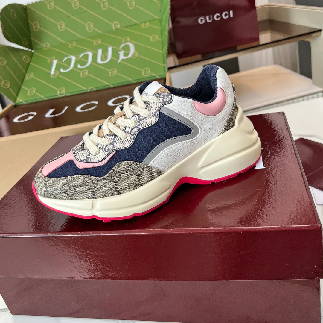 GG Rhyton Canvas Beige White Pink Shoes Sneakers