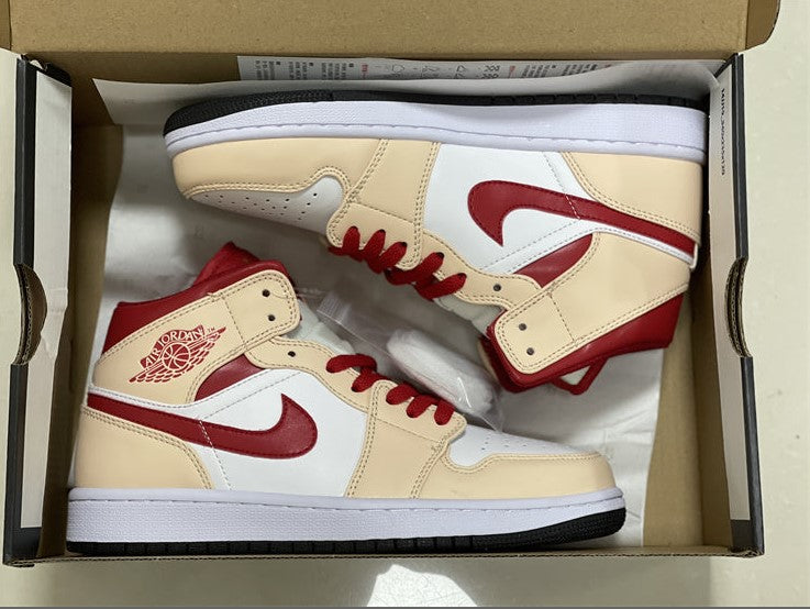 Air Jordan 1 Mid Beige White Red Shoes Sneakers