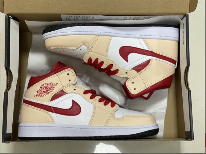 Air Jordan 1 Mid Beige White Red Shoes Sneakers