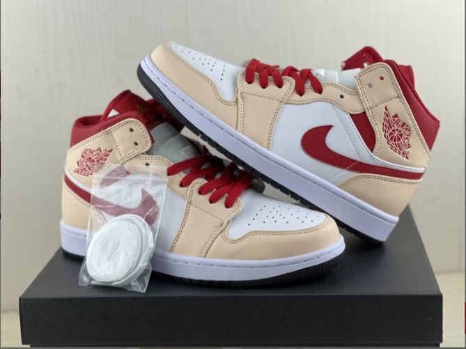 Air Jordan 1 Mid Beige White Red Shoes Sneakers