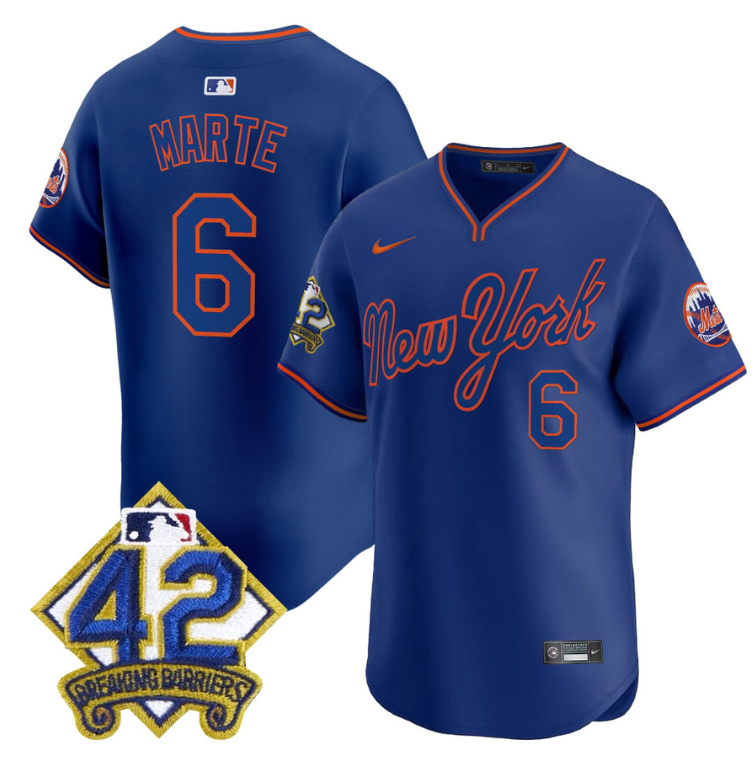 Starling Marte Jersey #6 New York Mets 2025 Jackie Robinson Patch Road Alternate Stitched
