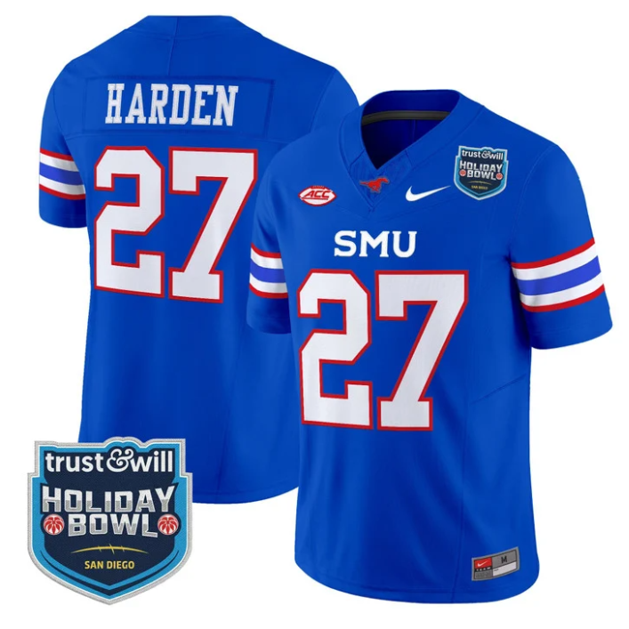 T.J. Harden Jersey #27 SMU Mustangs 2026 Holiday Bowl Patch Stitched Blue