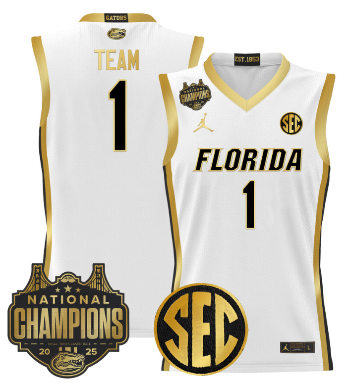 Team Jersey #1 Florida Gators 2025 National Champions Patch Stitched White Gold