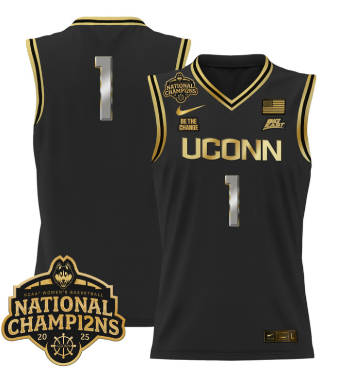 Team Jersey #1 UConn Huskies 2025 National Champions Patch Stitched Black Gold
