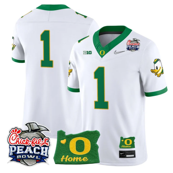 Team Jersey #1 Oregon Ducks 2026 Peach Bowl Oregon State Stitched White Alternate