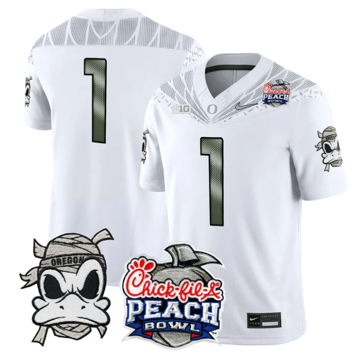 Team Jersey #1 Oregon Ducks Mummy Duck 2026 Peach Bowl Patch Stitched White