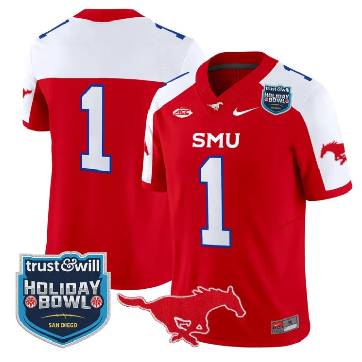 Team Jersey #1 SMU Mustangs 2026 Holiday Bowl Patch Vapor Stitched Red ALternate