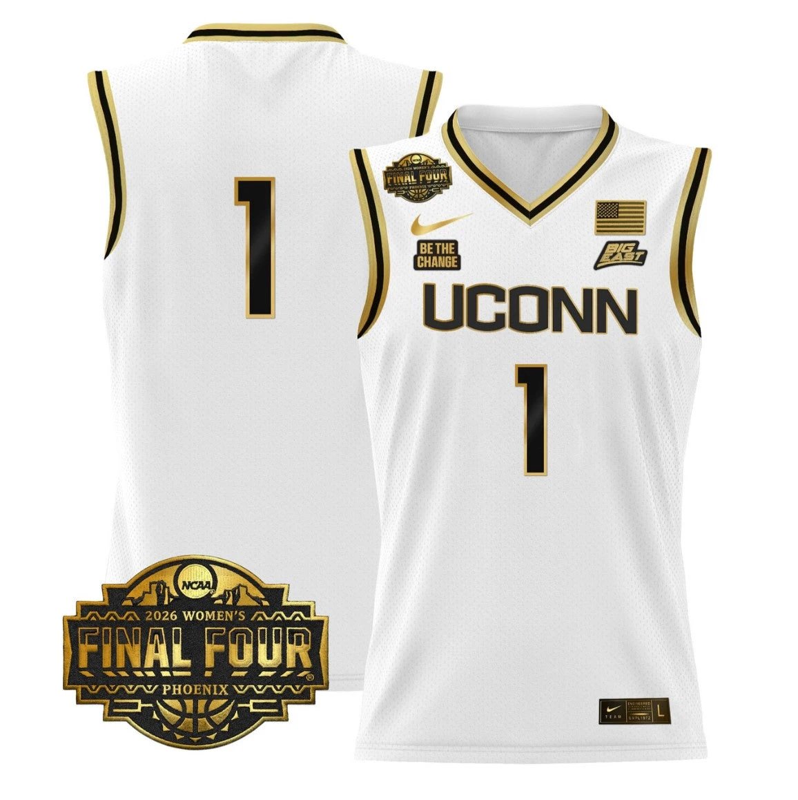 Team Jersey #1 UConn Huskies 2026 Final Four Basketball Stitched White Gold