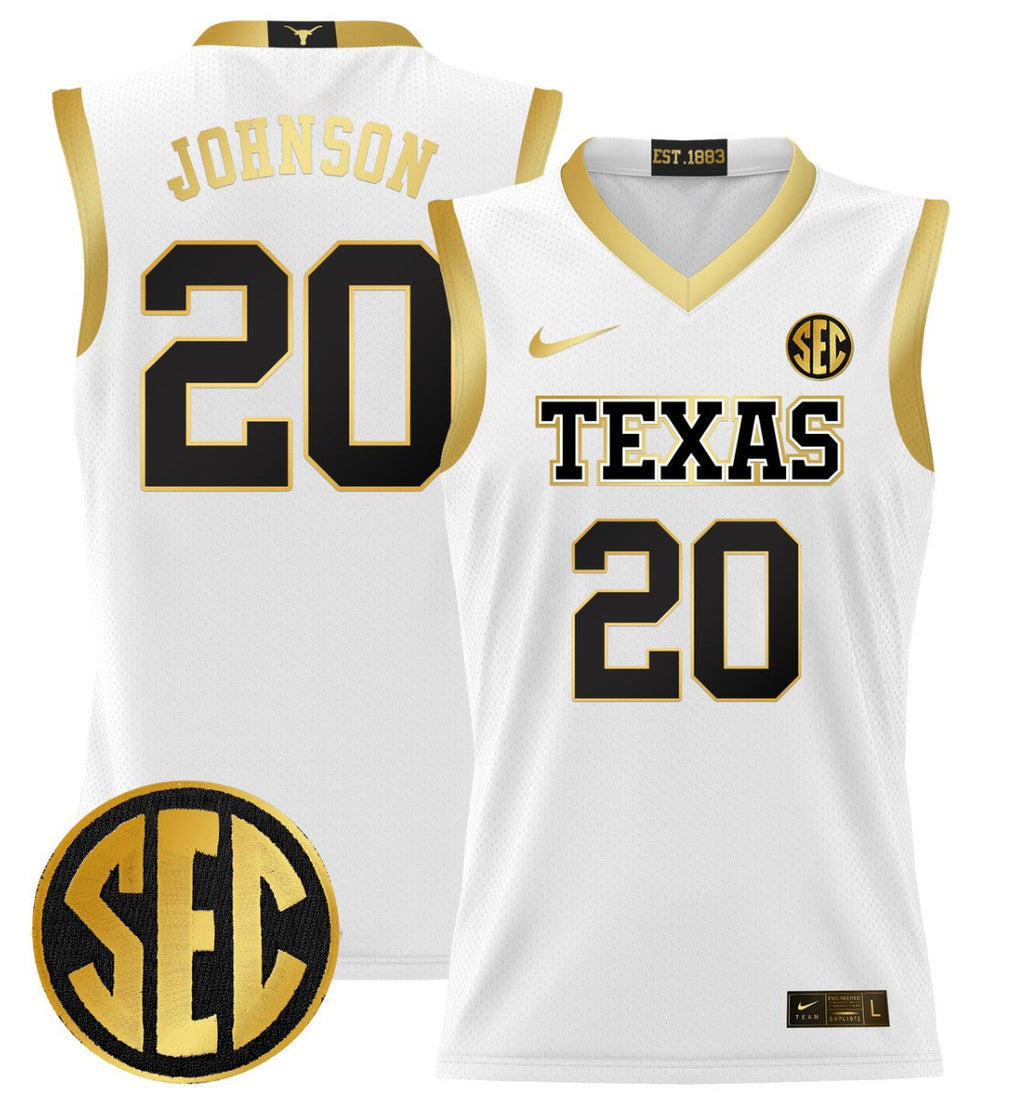 Tre Johnson Jersey #20 Texas Longhorns 2024 Lightweight Basketball White Gold