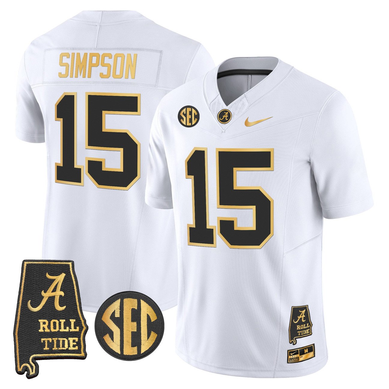 Ty Simpson Jersey #15 Alabama Crimson Tide 2025 Gold Vapor Stitched