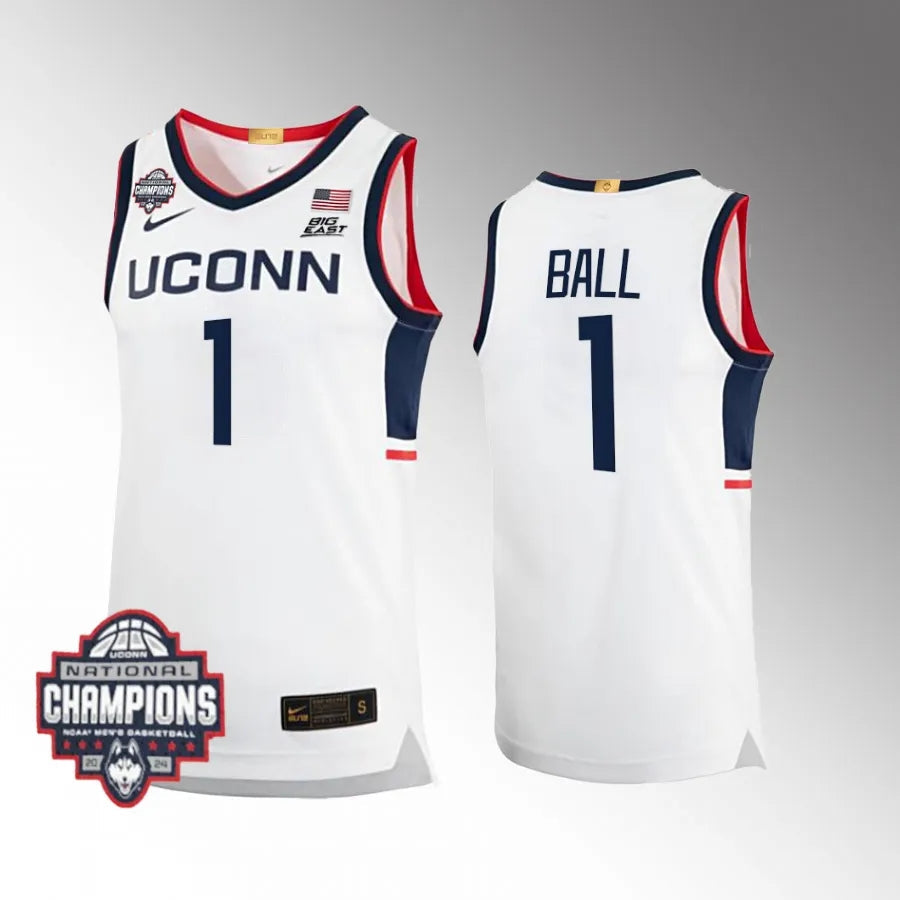 UConn Huskies #1 Solomon Ball Jersey 2024 National Champions Patch White