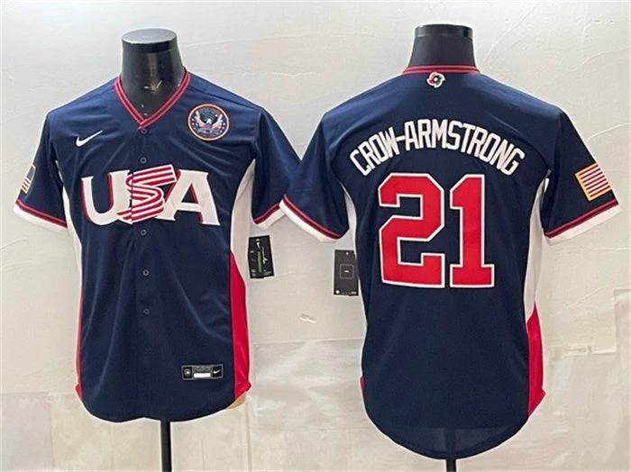 USA Baseball #21 Crow-Armstrong Jersey Navy 2026 World Baseball Classic United States 250th Anniversary Patch Road Stadium Stitched