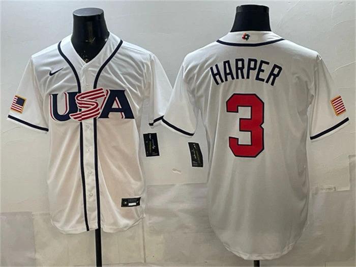 USA Baseball #3 Bryce Harper Jersey White 2026 World Baseball Classic Home Stadium Stitched