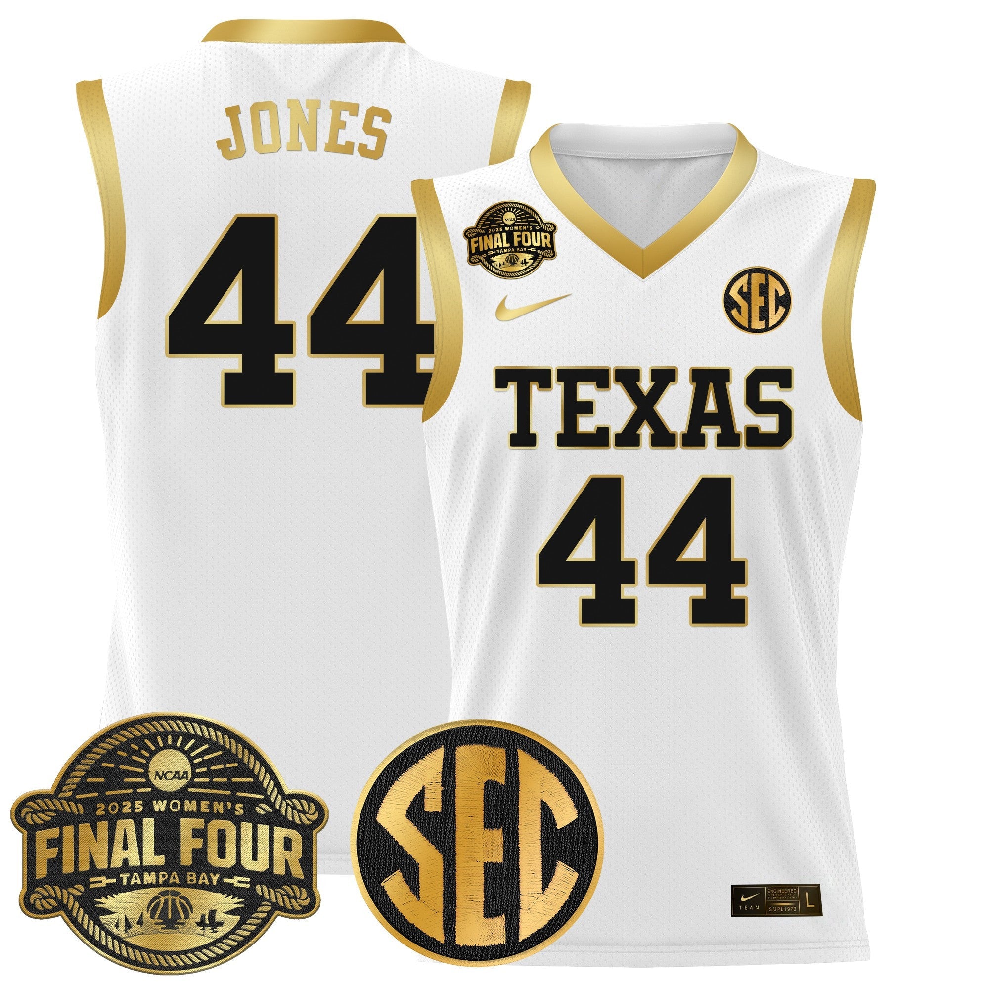 Taylor Jones Jersey #44 Texas Longhorns 2025 Sec Final Four Patch White Gold