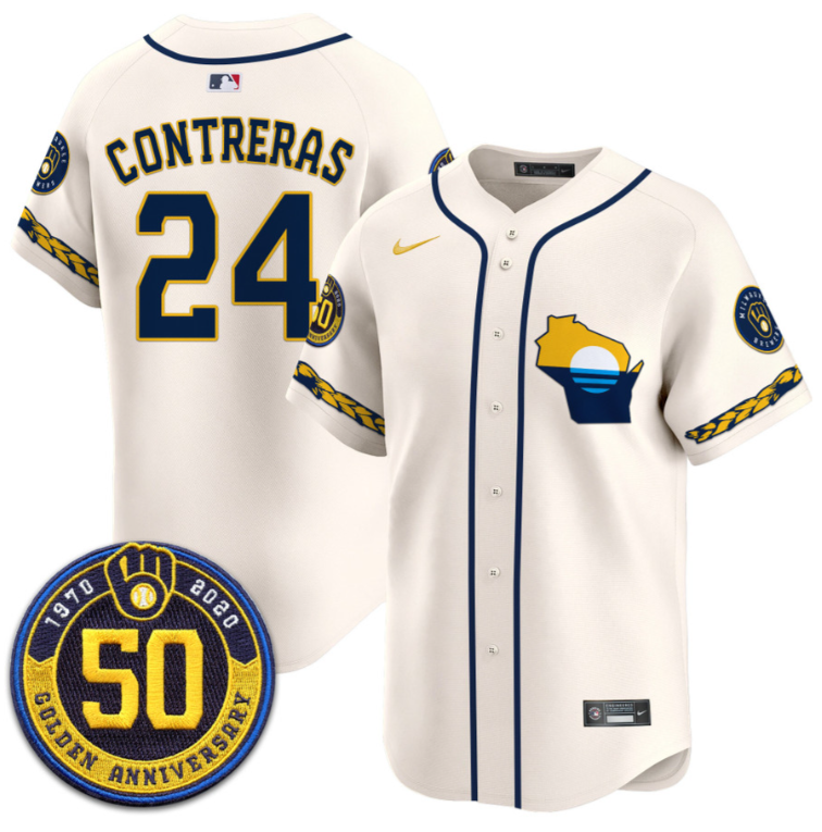 William Contreras Jersey #24 Milwaukee Brewers Golden 50th Anniversary Patch Stitched