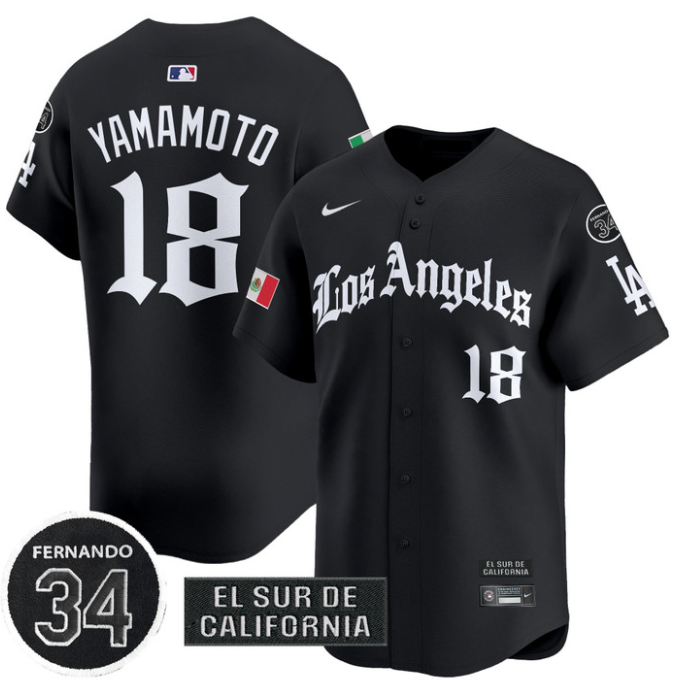 Yamamoto Jersey #18 Dodgers Mexico 2025 LA Gothic Style Patch Vapor Premier Limited Stitched