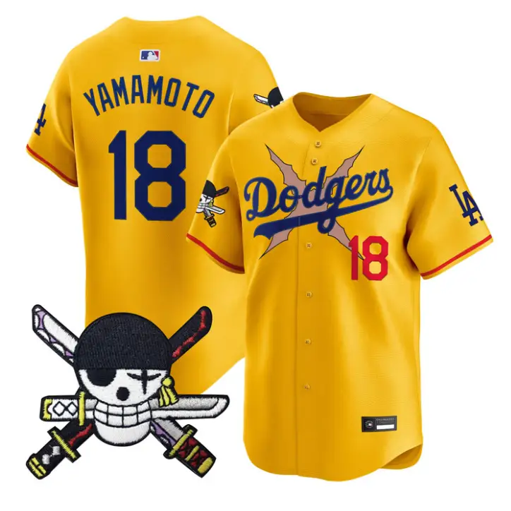 Yamamoto Jersey #18 Dodgers One Piece Zoro Patch Premier Stitched