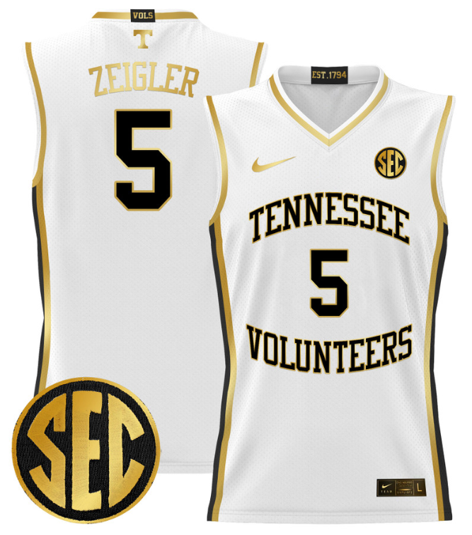 Zakai Zeigler Jersey #5 Tennessee Vols 2024 Lightweight Basketball White Gold