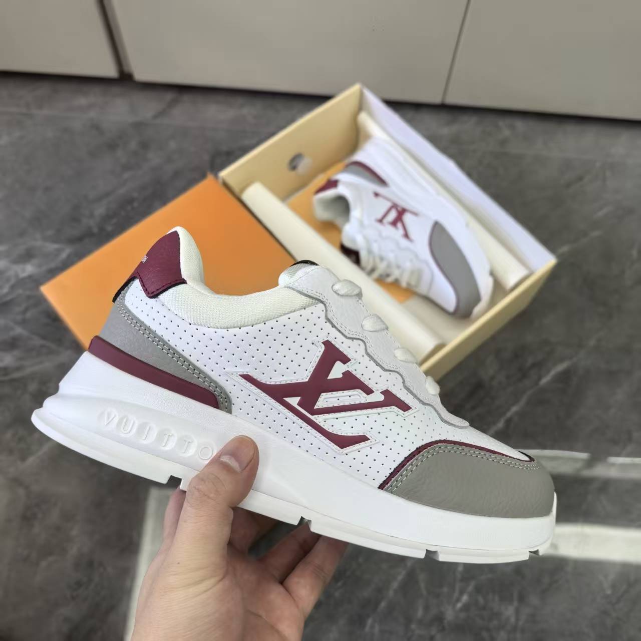 Luxury Lou Paris Classic Trainers White Grey Burgundy Shoes Sneakers